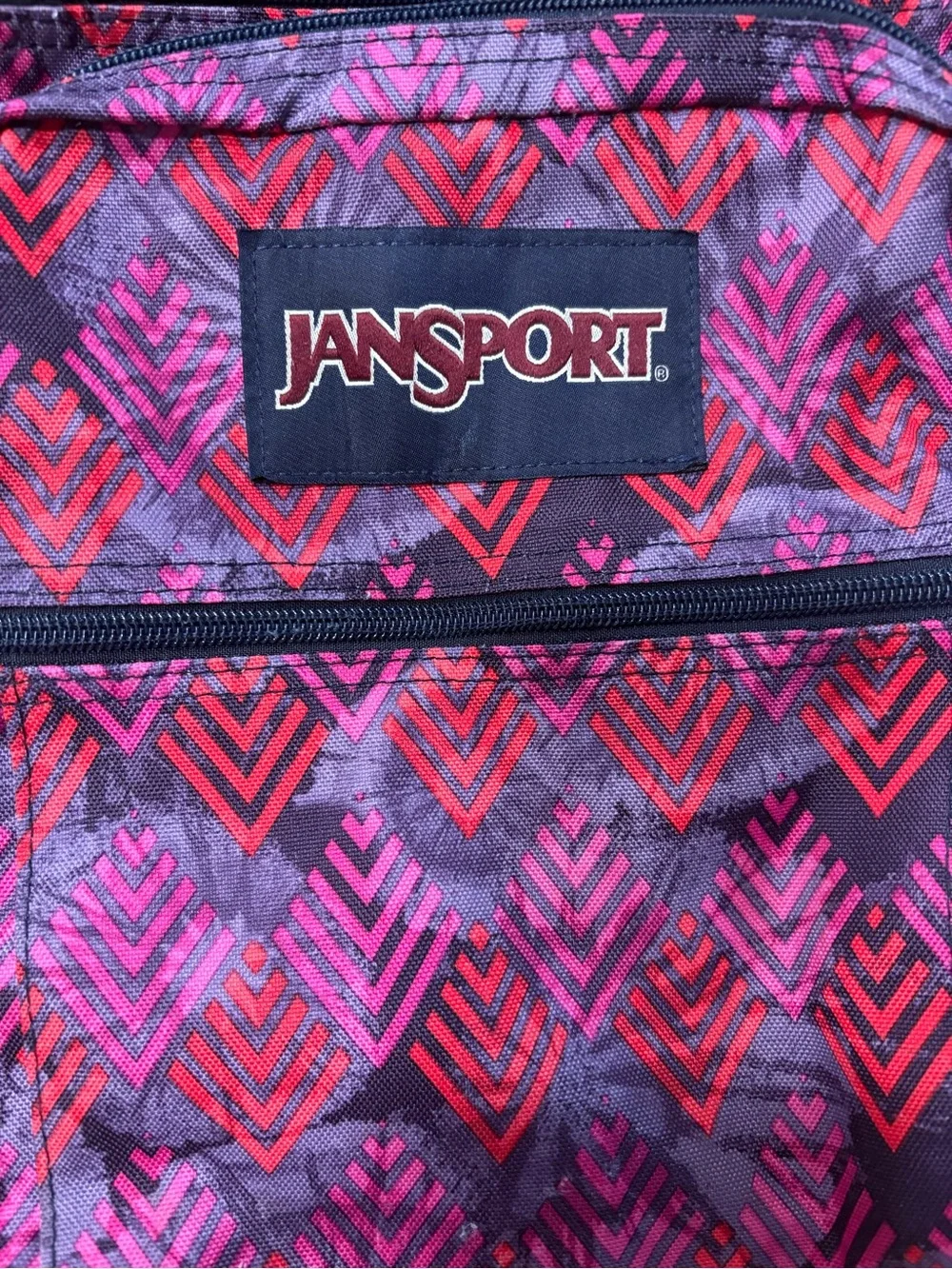 Jansport Purple Backpack with Pink & Red Chevron Print no tears